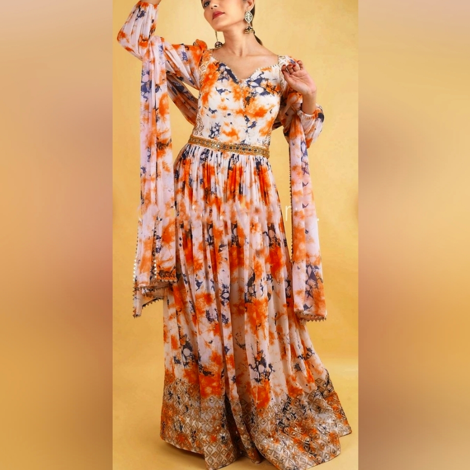 Designer Aza Belted Tie Dye Bollywood Jumpsuit Embellished Embroidery Sz 38/S